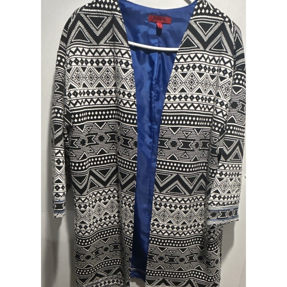 VTG Joni B. Black White Geometric Open Front Lightweight 3/4 Sleeve Jacket XL